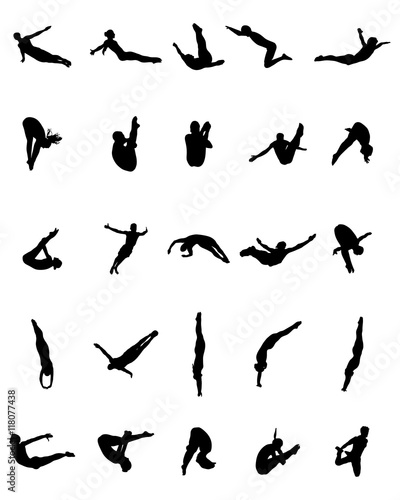Black silhouettes of jumping people into the water, vector