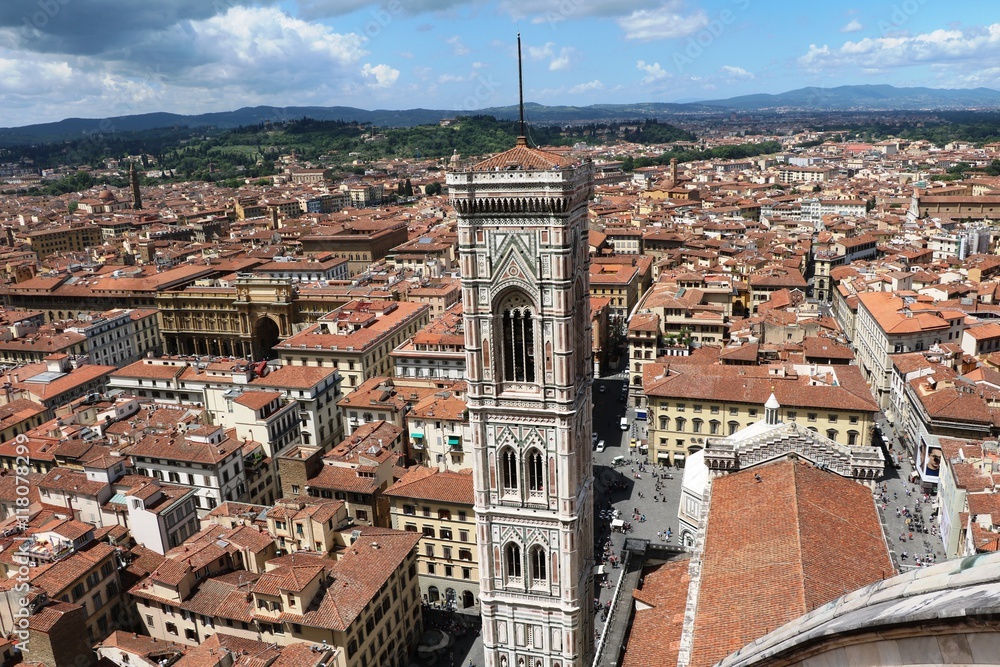 View to Giotto's Campanille and the roof of Duomo Santa Maria del Fiore, Florence Italy