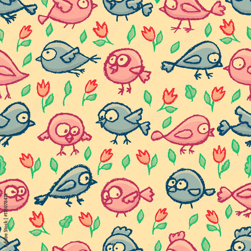Fototapeta premium Cute little birds seamless pattern