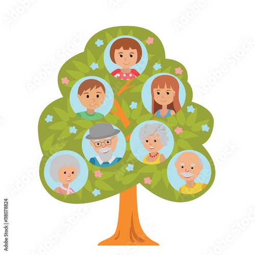Cartoon generation family tree in flat style grandparents parents and child isolated on white background.