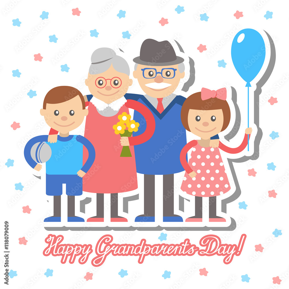 Grandmother and grandfather  grandchildren greeting card for grandparents day. Vector illustration.