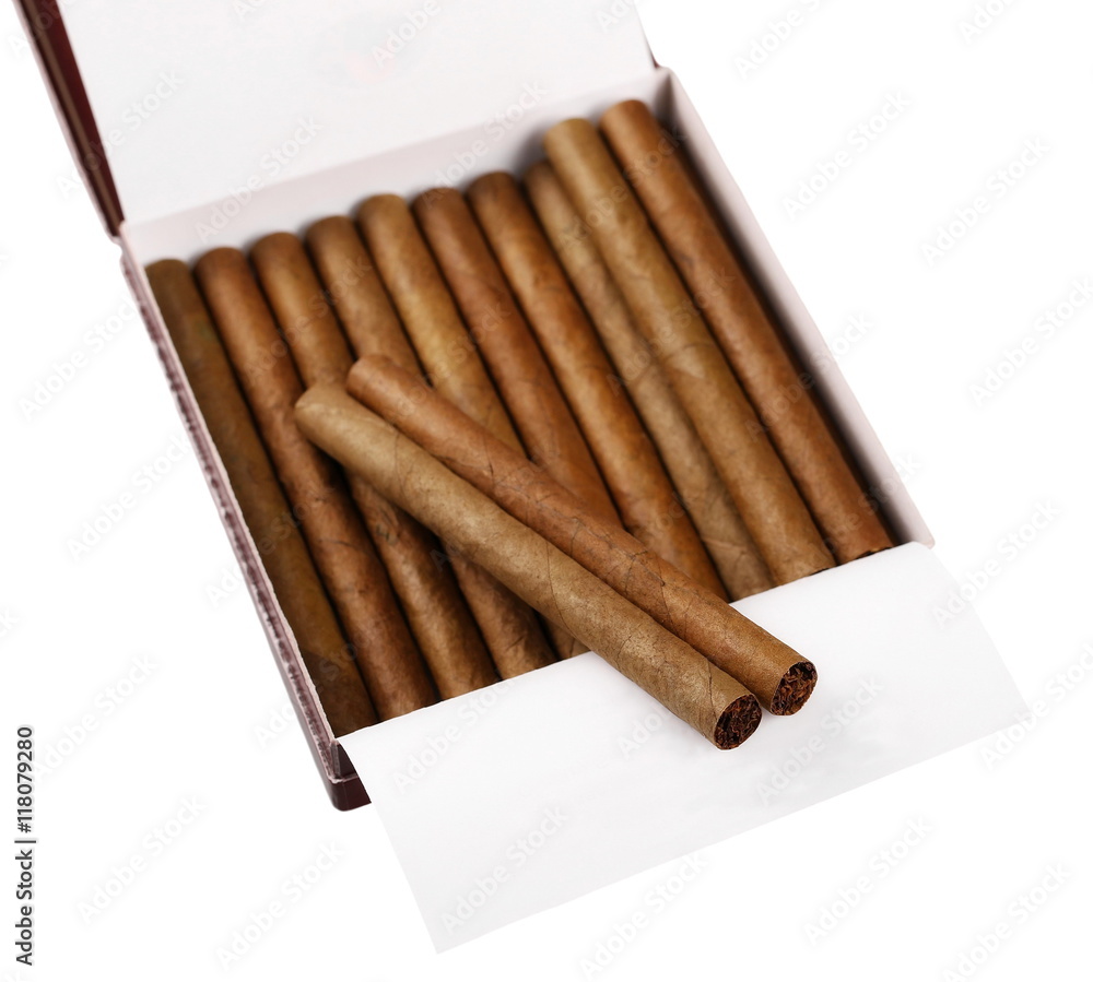 Cigarillos in box isolated on white