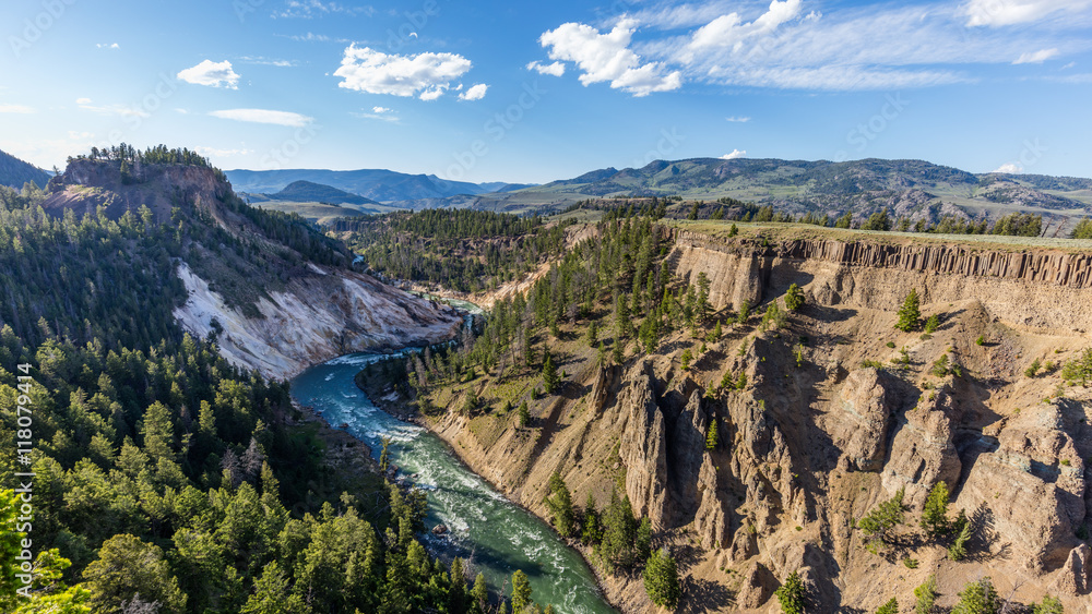 Big river among the beautiful rocks. Amazing mountain landscape. Fir forest growing on the sharp rocks. Calcite Springs Overlook, Yellowstone National Park, Wyoming