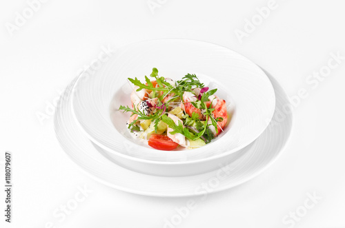 Wallpaper Mural Salad with shrimp, tomatoes, cheese and rocket salad on a plate on a white background Torontodigital.ca