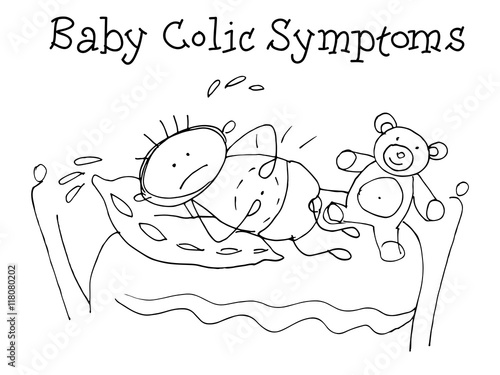 Baby colic symptoms. Kids Health. Graphic hand drawn sketch in vector.