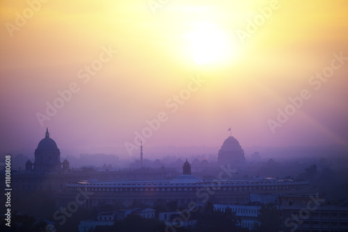 India. A silhouette of temples and buildings of Delhi in a sunset haze