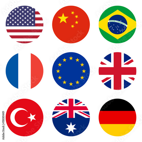 Circle flags of the world, flat style icons, isolated on white background, vector illustration.