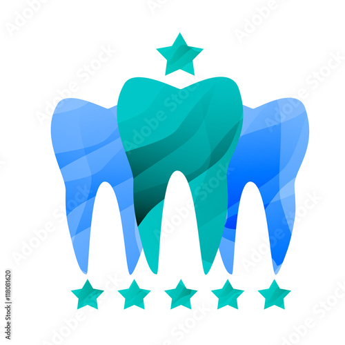 Three colored tooth in the form of a crown with asterisks