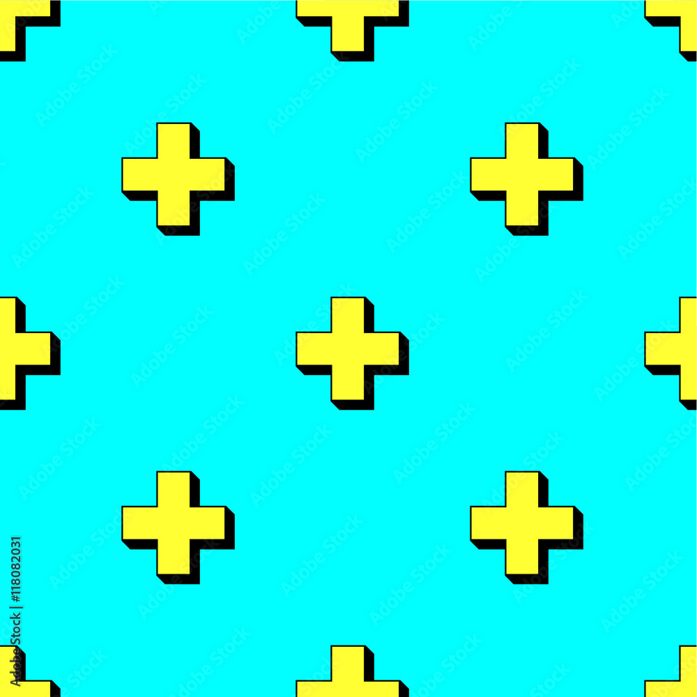 Bright seamless pattern with yellow crosses on cyan background. 80s style Bright seamless pattern with yellow crosses on cyan background. 80s style