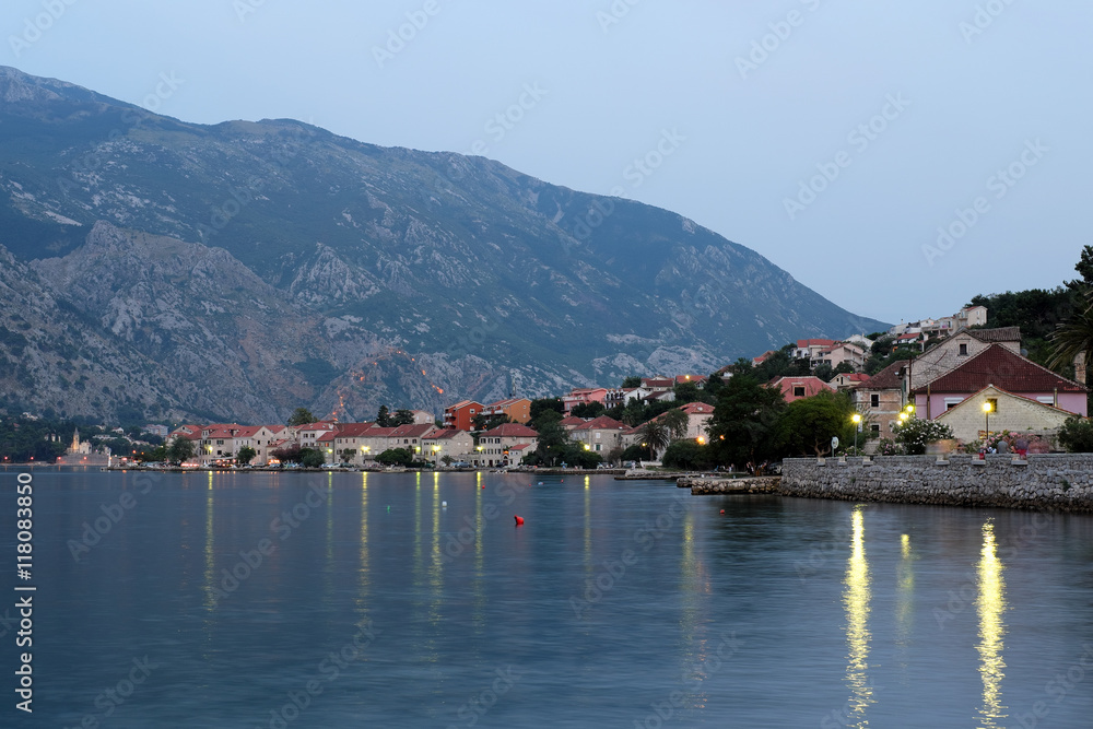 Evening view of town Prcanj in Bay of Kotor, Montenegro
