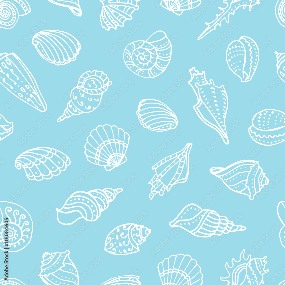 Seamless pattern with doodle seashells.