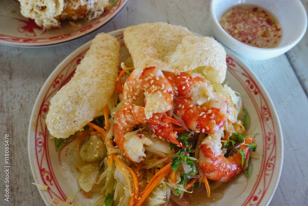Dish of Vietnamese pomelo and shrimp salad Dish of Vietnamese pomelo and shrimp salad