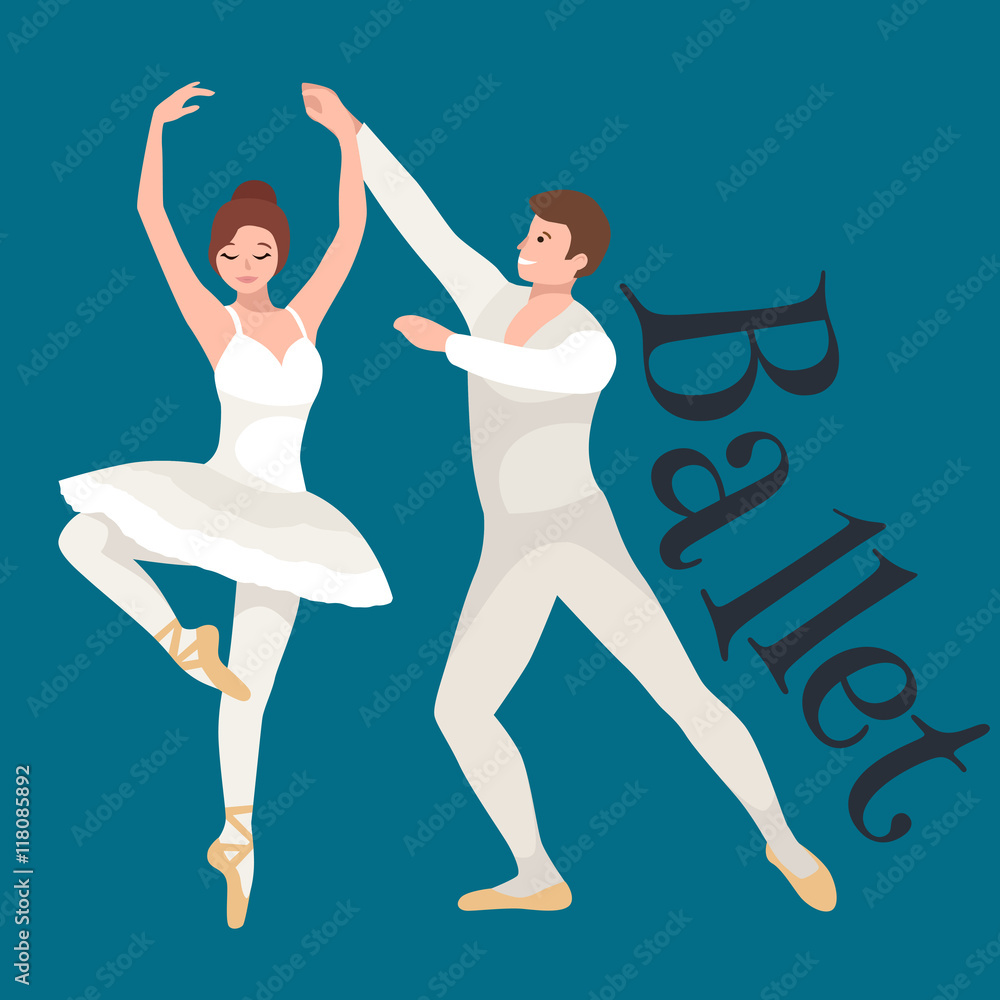 Young beautiful dancer girl and boy, couple man and woman dancing ballet, elegance ballerina dancing isolated on white vector illustration, girl dancing ballet, beautiful ballerina