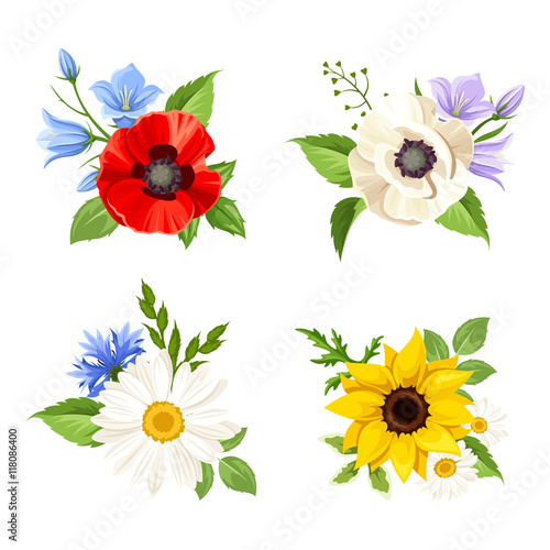 Vector set of colorful wild flowers: poppy, sunflower, harebell, daisy and cornflowers isolated on a white background.