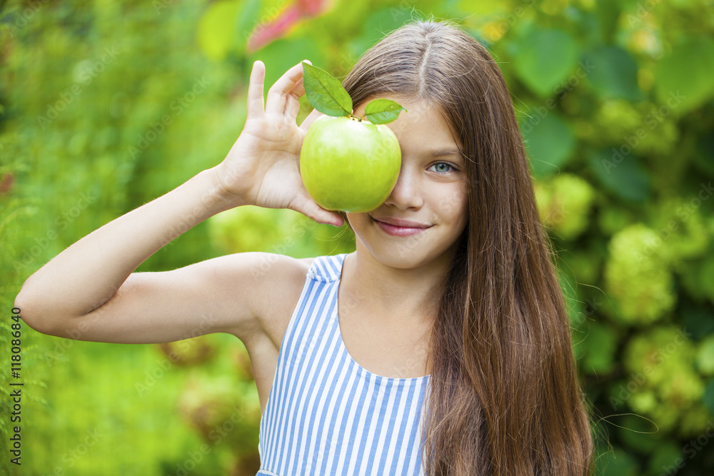 Picture of beautiful girl with green apple Picture of beautiful girl with green apple