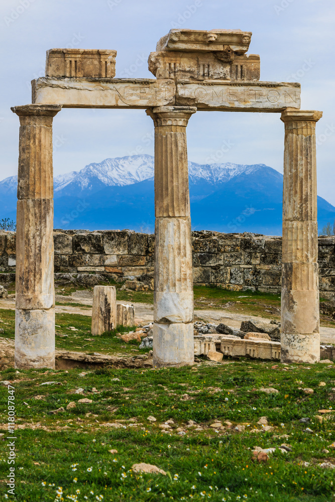 The ruins of the ancient roman city of Hierapolis in Pamukkale, Turkey