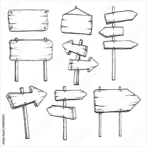 Sketch set of signposts and signboards.