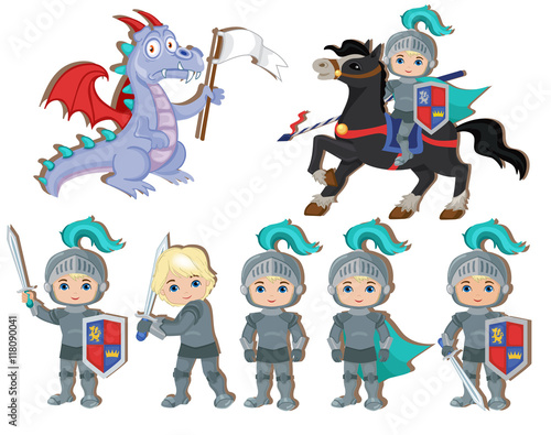 Vector set of cute little knights and a dragon with a flag.