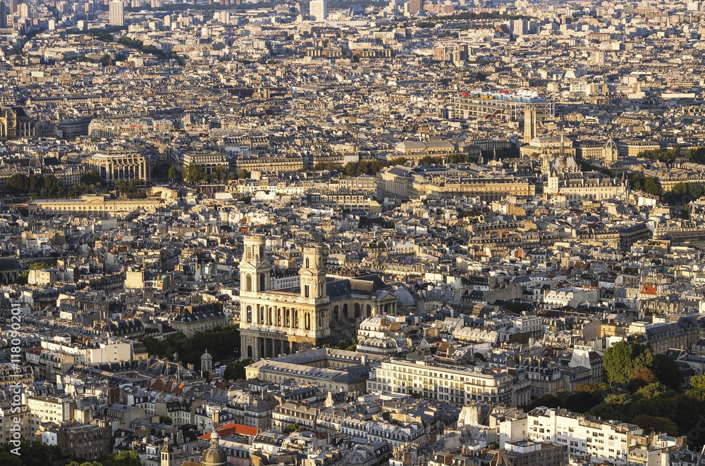 Paris, France - aerial city view with Notre Dame cathedral. UNESCO World Heritage Site. Filtered color style.