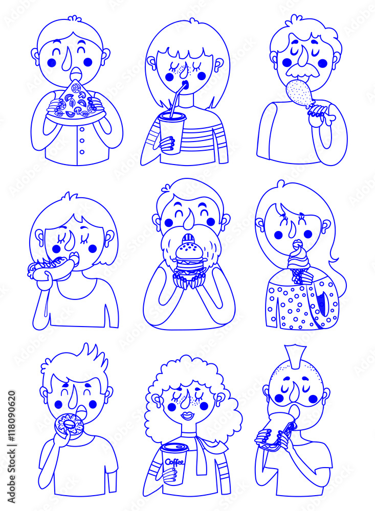 Set of colorful cartoon. People eat fast food Set of colorful cartoon. People eat fast food