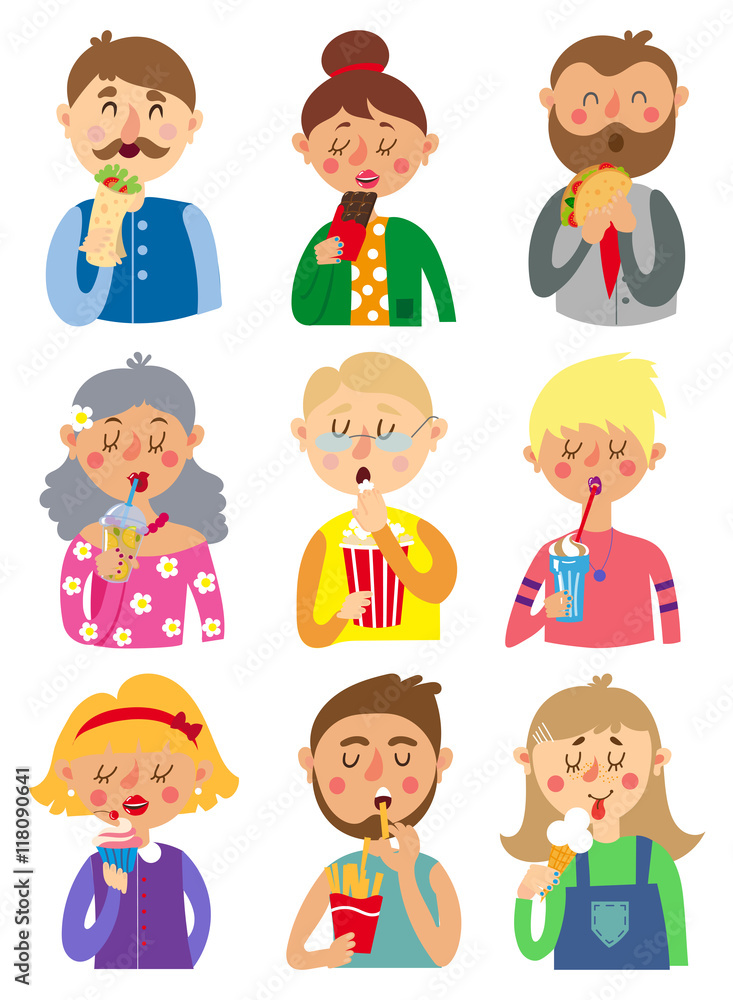 Set of colorful cartoon. People eat fast food Set of colorful cartoon. People eat fast food