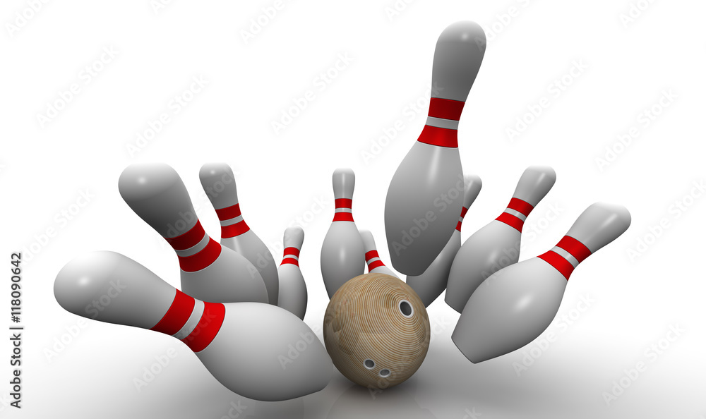 Strike. Bowling ball knocks down all the pins. Bowling ball and skittles are on the white surface. Isolated. 3D Illustration Strike. Bowling ball knocks down all the pins. Bowling ball and skittles are on the white surface. Isolated. 3D Illustration