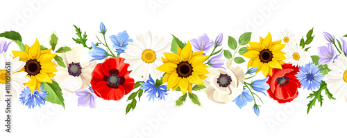 Vector horizontal seamless background with colorful wild flowers on a white background.