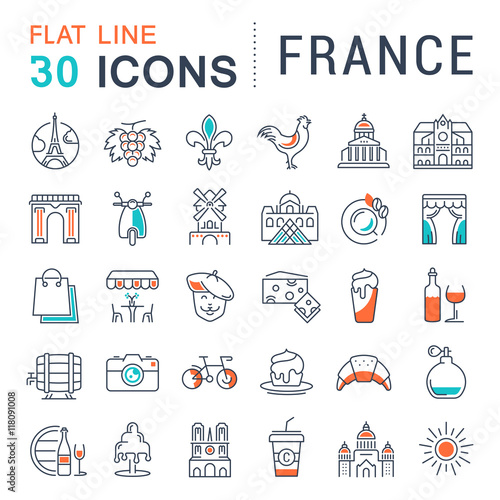 Set Vector Flat Line Icons France and Paris