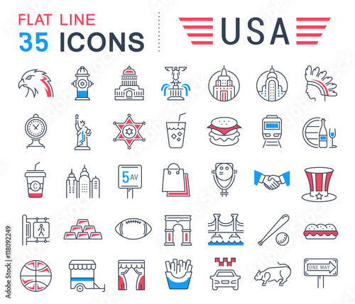 Set Vector Flat Line Icons USA and America