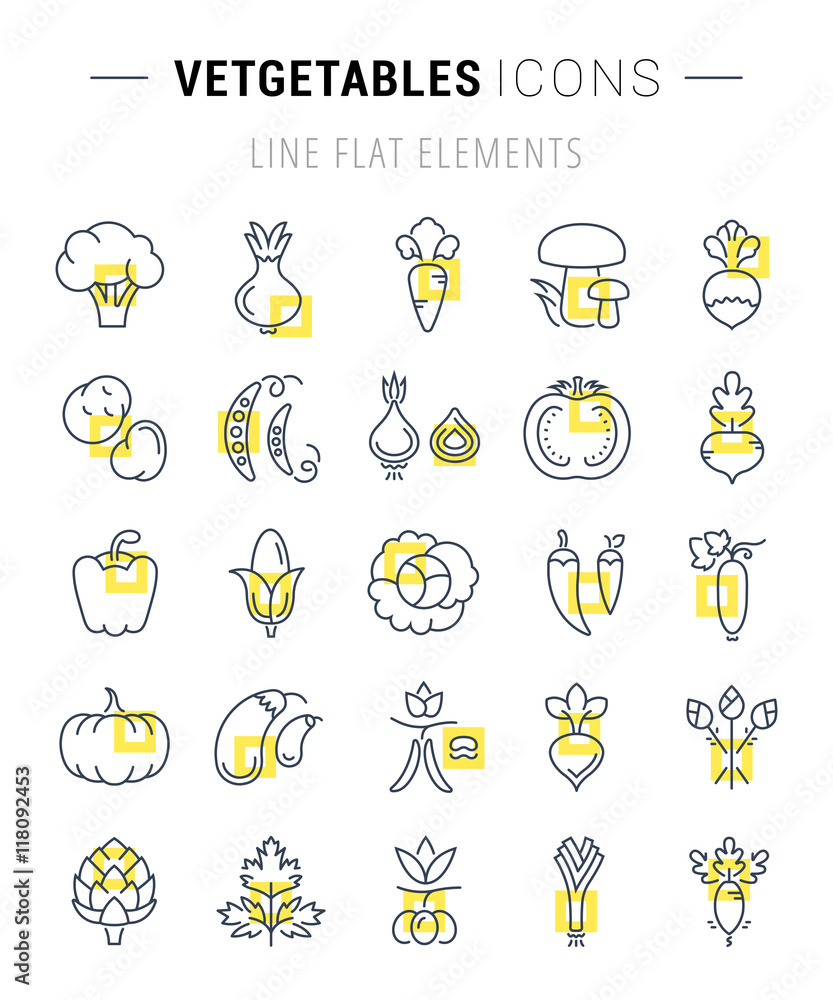 Fototapeta premium Set Vector Flat Line Icons Vegetables