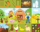 Big set of cartoon characters and elements of the farm. Buildings, people, livestock, animals, cars, trees, vegetables, fruits, inventory. Isolated on white background.