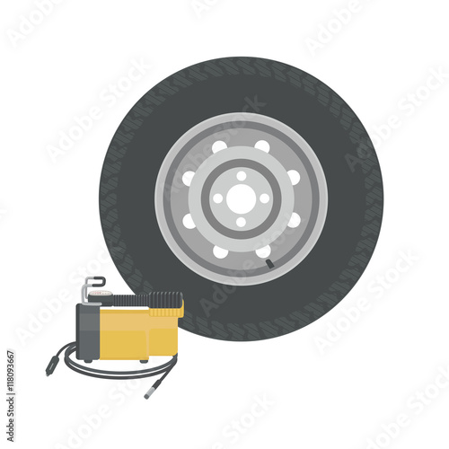 Spare wheel and car compressor. Pump wheels. Vector illustration.