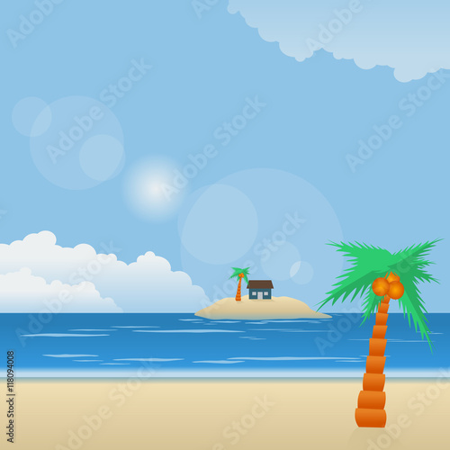 Summer Time Beach Panorama Vector Illustration for Vacation or Summer Seasonal Themed Project © faqeeh