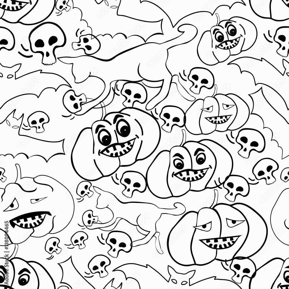 Coloring seamless pattern with Happy Halloween: pumpkin, cat, sk