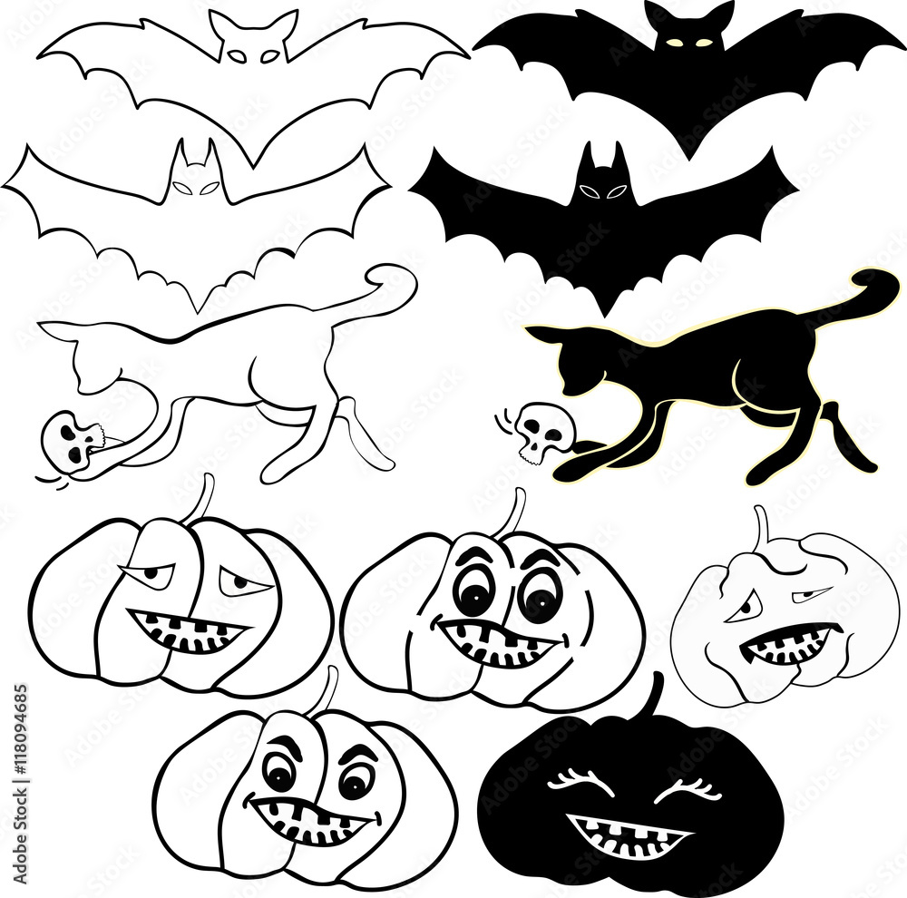 Set with Happy Halloween: pumpkin, cat, skull the bat. Set with Happy Halloween: pumpkin, cat, skull the bat.