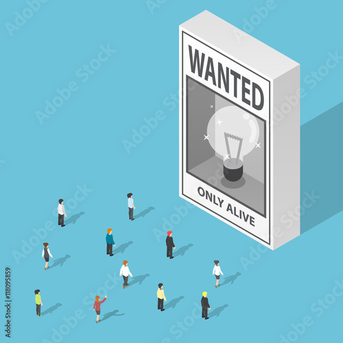Isometric business people looking at ideas wanted poster