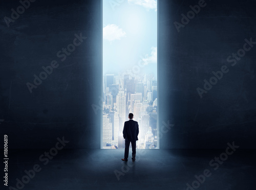 businessman in front of the huge gate