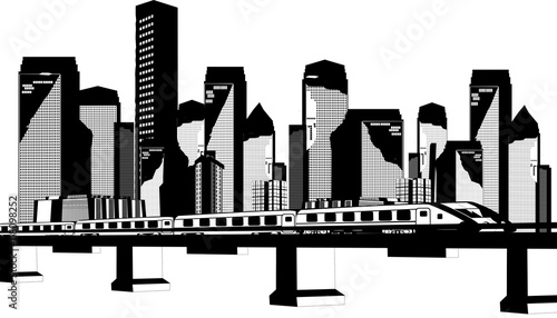 City buildings and train on railroad vector monochrome illustration
