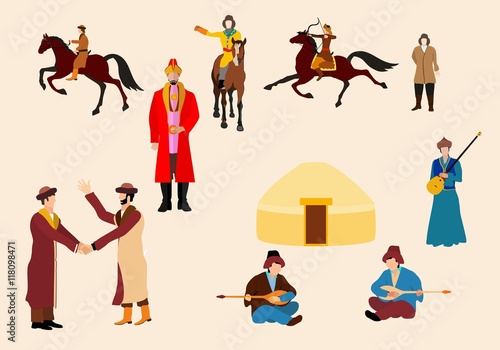 Kazakh people in natrional ethnic dress, vector icons set