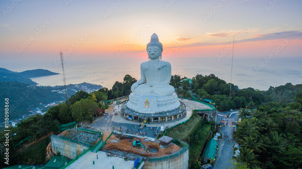 Aerial view the beautify Big Buddha in Phuket island. most important and revered landmarks on the island. The huge image sits on top of the hill it is easily seen from far away