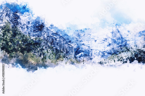 Abstract mountains watercolor painting on white background