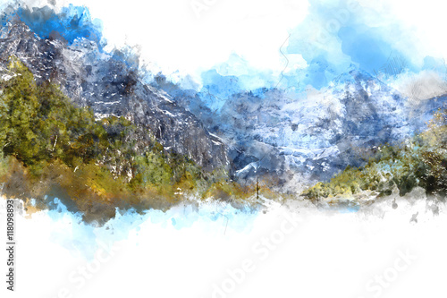 Abstract mountains landscape on white background, digital waterc