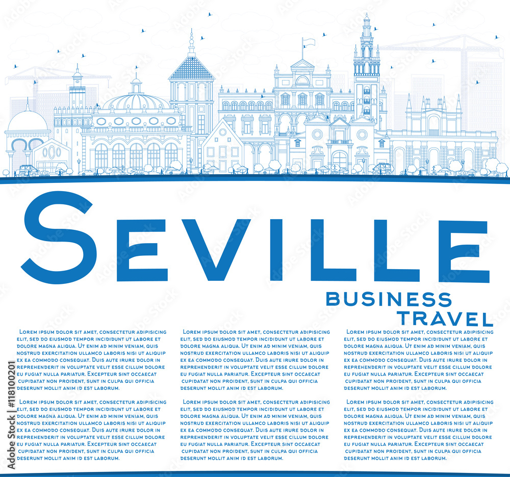 Outline Seville Skyline with Blue Buildings and Copy Space.