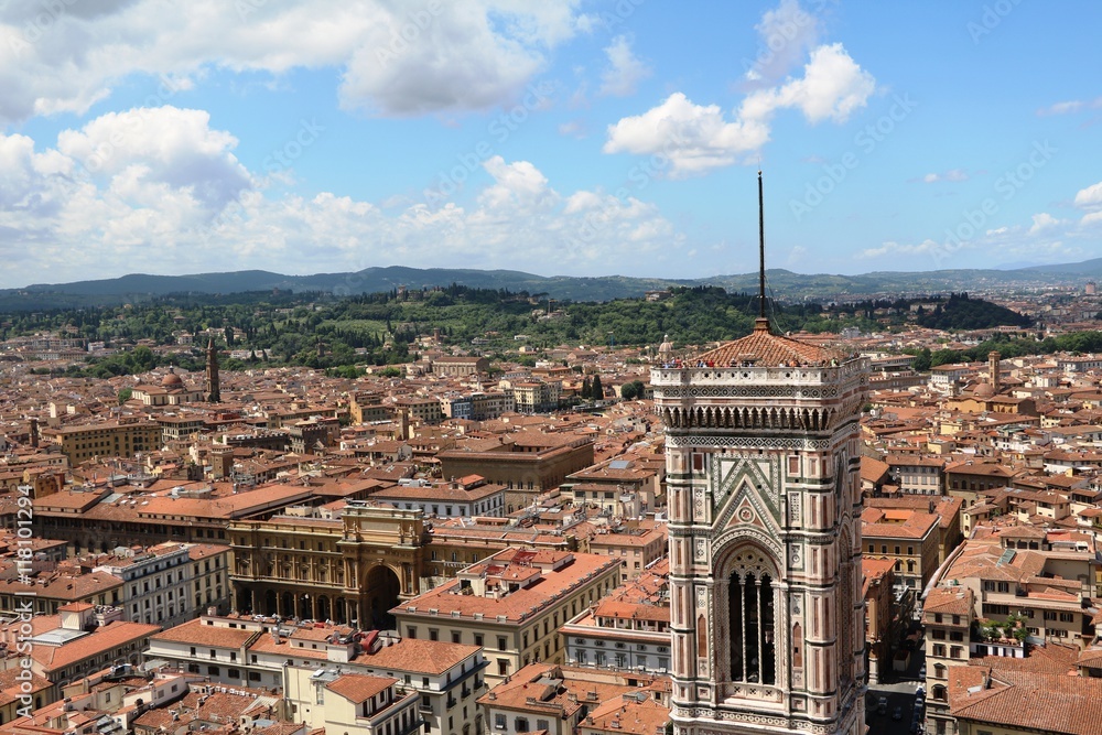 View to Piazza della Republica and Campanile di Giotto in Florence, Italy 