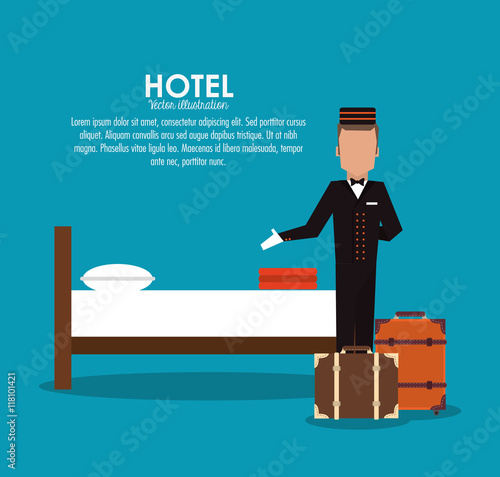 bellboy bed baggage luggage room hotel service icon. Colorfull and flat illustration, vector