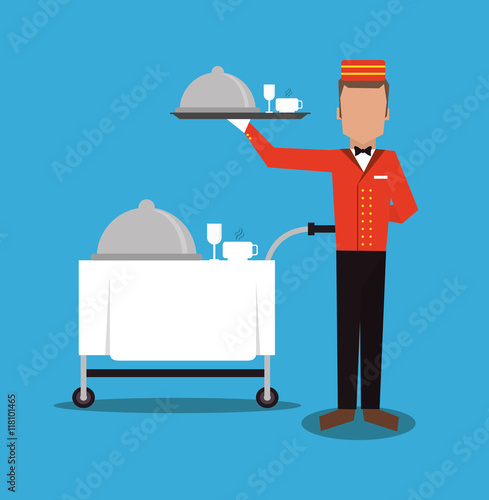 bellboy waiter menu plate room service hotel icon. Colorfull and flat illustration, vector