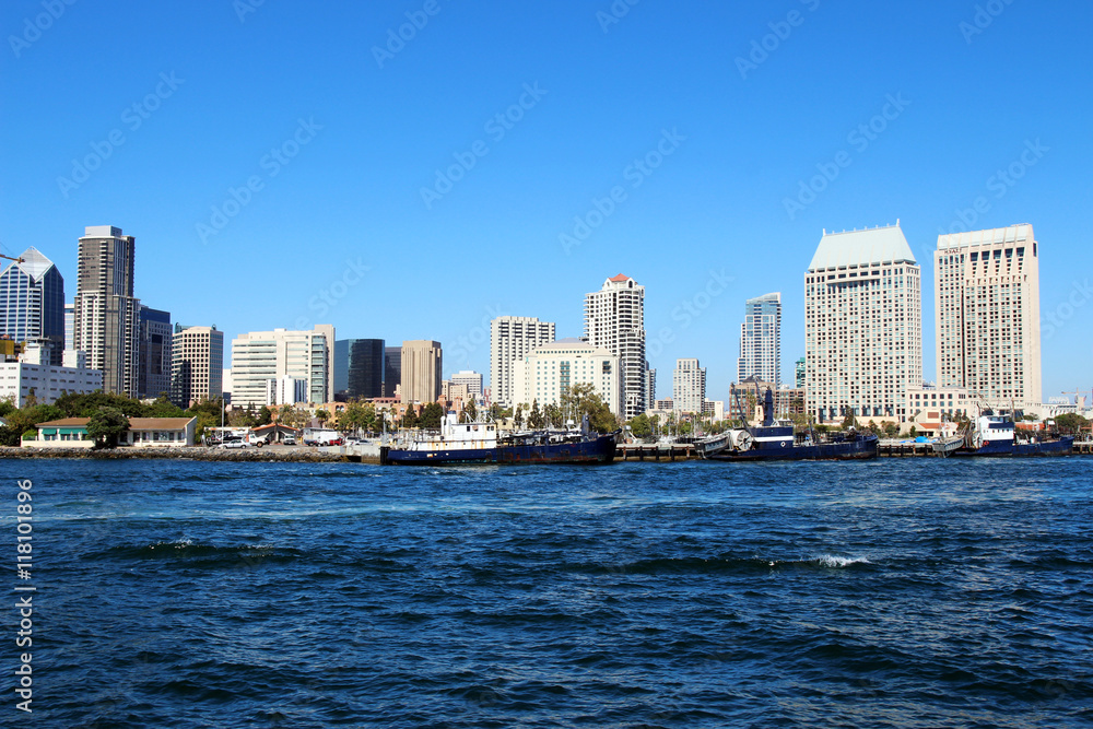 A view of Downtown San Diego from the Bay ferry, California, USA 