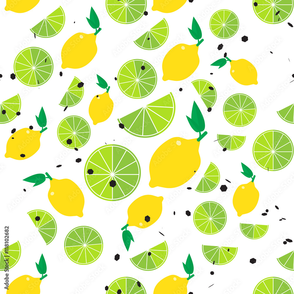 Lemons and limes seamless pattern with hexagon dot on white background. Colorful vector illustration Lemons and limes seamless pattern with hexagon dot on white background. Colorful vector illustration