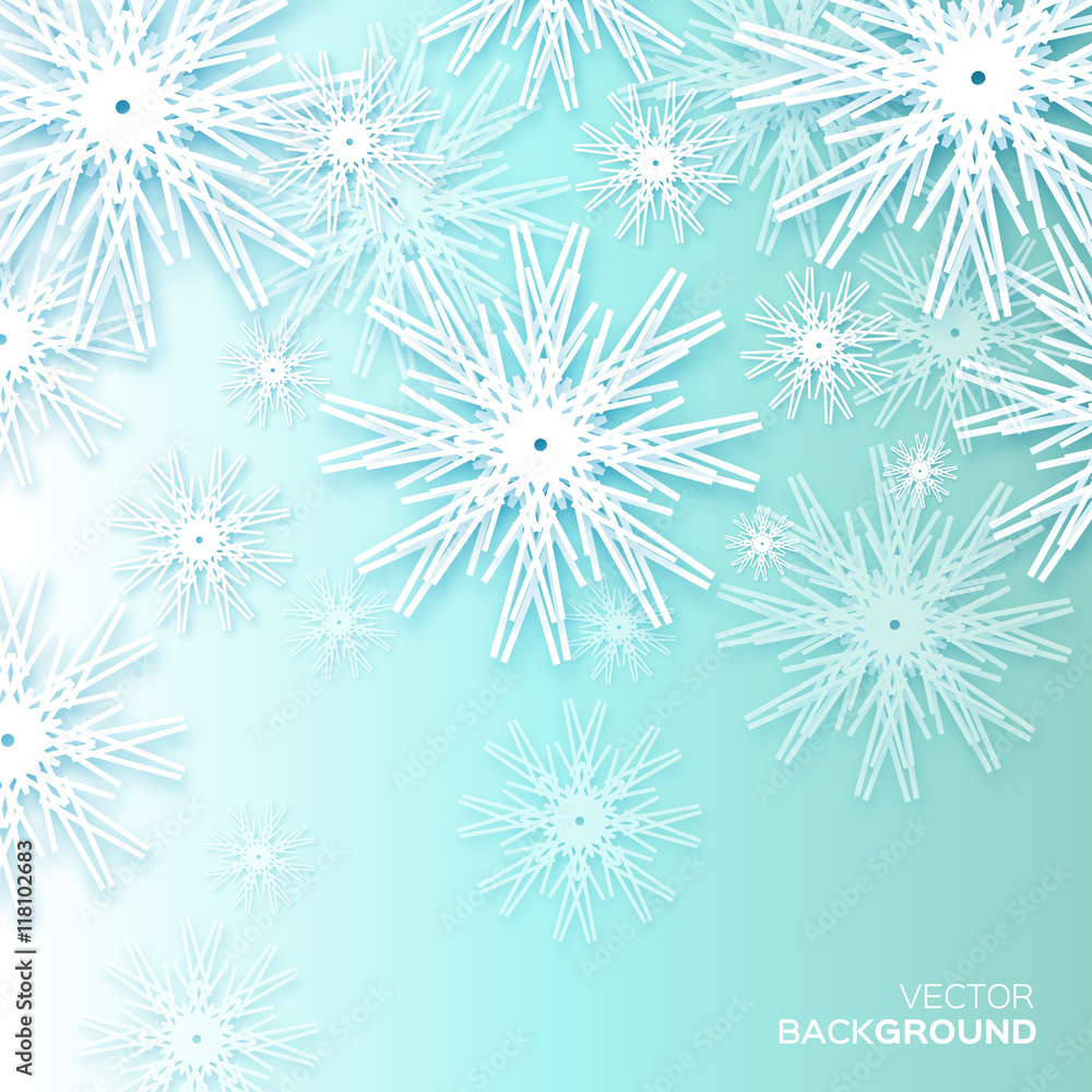 Origami Merry Christmas and Happy New Year card with snowflakes on blue background. Paper cut abstract vector illustration Origami Merry Christmas and Happy New Year card with snowflakes on blue background. Paper cut abstract vector illustration