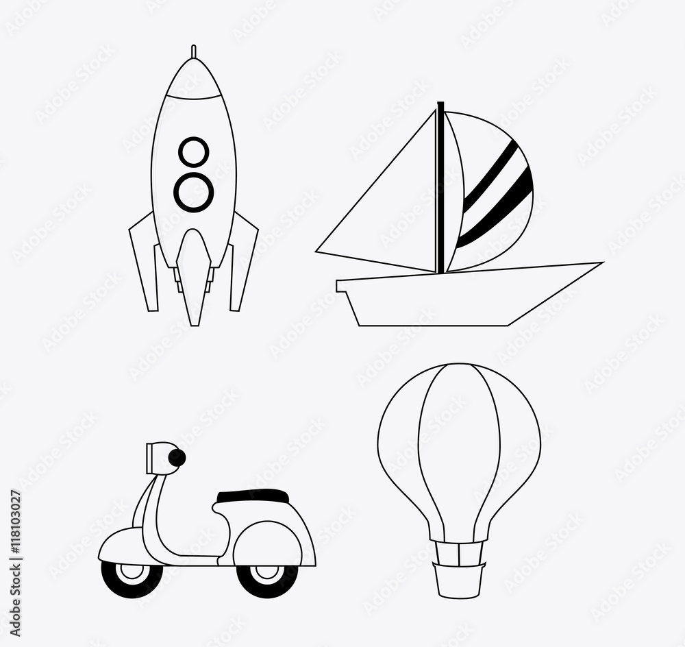 Rocket motorcycle sailboat hot air balloon icon. Isolated black and white , vector 